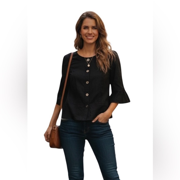 Sandro Jackets & Blazers - Sandro Sportswear Linen Blend Black Bell Sleeve Button Up Peplum size large